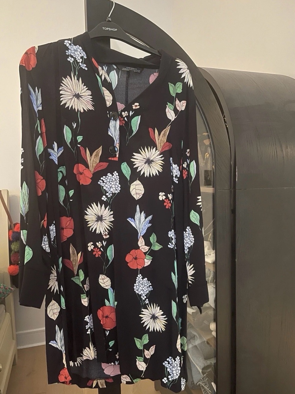 Zara Black Long Sleeve Floral Tunic Dress with Red and White Blooms